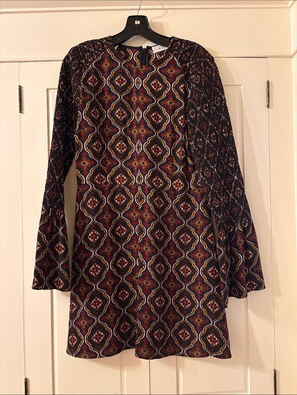 A.L.C. Burgundy Multi-Patterned Long-Sleeve Mini Dress